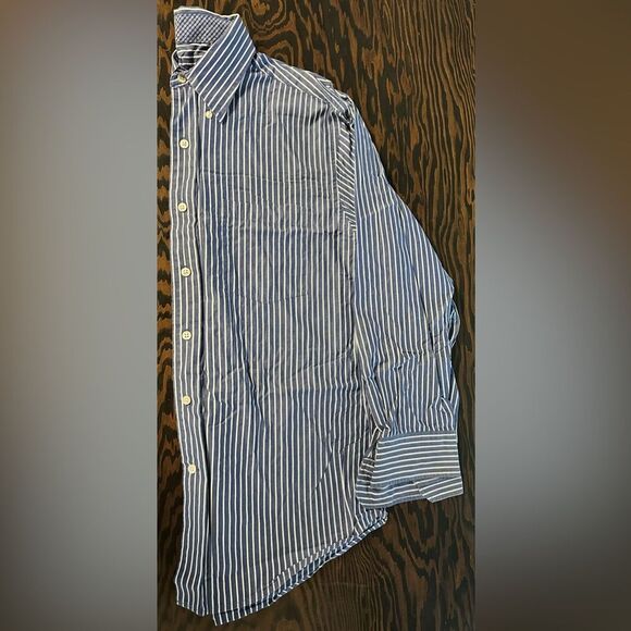 Men’s Izod Long Sleeve Button Down. Blue White Vertical Stripe (580) - Picture 1 of 4